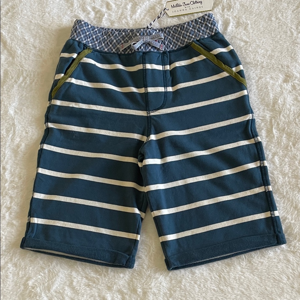 Matilda Jane Striped Navy & White Boys' Shorts with Olive Trim SZ 8